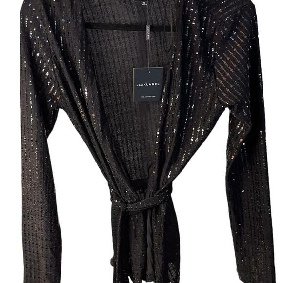 NWT JLUXLABEL Black Sequined Belted Cardigan Medium - Picture 3 of 9